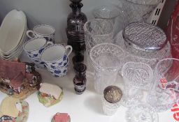 A silver overlaid liqueur set, together with Lilliput lane cottages, assorted glasswares,