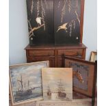 A pair of Japanese inlaid lacquer panels together with an oil paintings by K Schumann of ships,