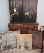 A pair of Japanese inlaid lacquer panels together with an oil paintings by K Schumann of ships,