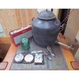 A 3 gallon cast iron kettle with brass tap together with a dumpy weight, compacts,