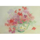 Valerie Allen Sweetpeas in an Italian vase Watercolour Signed and label verso Together with two