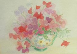 Valerie Allen Sweetpeas in an Italian vase Watercolour Signed and label verso Together with two