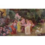 A crystoleum depicting five ladies around a garden table