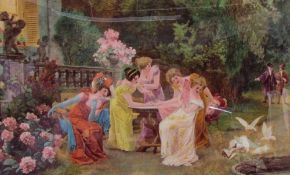 A crystoleum depicting five ladies around a garden table