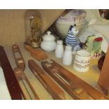 Assorted loom shuttles together with an anniversary clock, glass bowl,