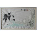 20th century Japanese Two goat kids, grazing Watercolour Seal mark and text 25.