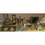 A brass letter scales together with trench art, brass pans, miners lamp, other brass wares,