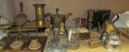 A brass letter scales together with trench art, brass pans, miners lamp, other brass wares,