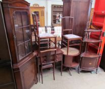 A reproduction mahogany standing corner cupboard together with a set of three mahogany bedroom