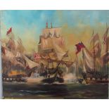 Dion Pears War ships in battle Oil on canvas Signed 76 x 91cm