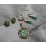 A pair of jade and 18ct yellow gold earrings 12mm x 10mm together with a pair of jade pendant drop