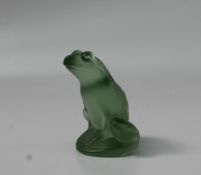 A Lalique green glass model of a seated frog, script signature to the base, 5.