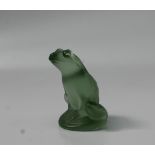 A Lalique green glass model of a seated frog, script signature to the base, 5.