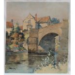 Joseph Edward Hennah Newbridge on Usk bridge and river with buildings beyond Watercolour Signed 38