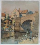 Joseph Edward Hennah Newbridge on Usk bridge and river with buildings beyond Watercolour Signed 38