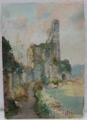 Joseph Edward Hennah A ruined castle viewed through the trees Oil on board Signed 34.5 x 44.