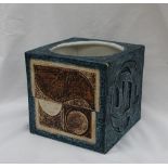A large square Troika vase, decorated with geometric panels to blues and creams, painted marks,