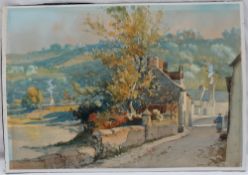 Joseph Edward Hennah A street scene with a river beyond Watercolour Signed 22 x 31cm