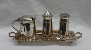 An Elizabeth II silver cruet set, comprising a tapering cylindrical salt, pepper and mustard pots,
