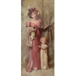 A crystoleum of a young lady holding a dog, with a small child holding onto her dress, 25 x 11.