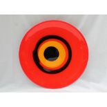 A Carlo Moretti glass pedestal centrepiece in red orange and black bands, dated 2001, No 105/200,