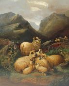 Alfred Morris Sheep and lambs clustered together with a loch and mountains beyond Oil on