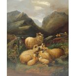 Alfred Morris Sheep and lambs clustered together with a loch and mountains beyond Oil on