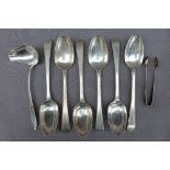 A set of six George III silver table spoons, with coat of arms engraved, London 1776 & 1777,