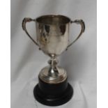 A George V silver twin handled trophy cup, with a panelled body on a spreading foot and base,
