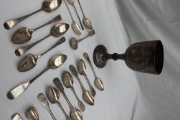 A late Victorian silver goblet, on a knopped stem and spreading foot,