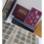 A coin collection in one album, box of coins and 1970 coinage set, including pennies, 3d pieces,