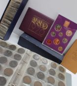 A coin collection in one album, box of coins and 1970 coinage set, including pennies, 3d pieces,