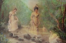 A crystoleum depicting two young ladies crossing a river with swans, 17.