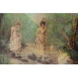 A crystoleum depicting two young ladies crossing a river with swans, 17.
