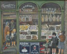 Irene Thomas The Sweet Shop Oil on canvas Signed and label verso 50.5 x 39.