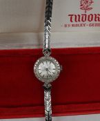 A lady's 9ct white gold Tudor by Rolex wristwatch, the silvered dial with batons,