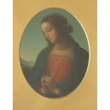 In the style of Raphael The Madonna in prayer Oil on board Oval Inscribed verso 21 x 16cm