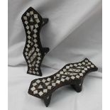 A pair of hardwood shaped mother of pearl inlaid Geisha shoes, inlaid in a geometric pattern, 23.