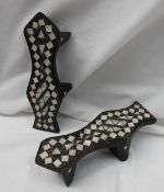 A pair of hardwood shaped mother of pearl inlaid Geisha shoes, inlaid in a geometric pattern, 23.