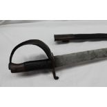 A 19th century sword bayonet, with a steel guard and textured grip, in a leather and steel scabbard,