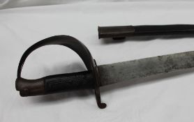 A 19th century sword bayonet, with a steel guard and textured grip, in a leather and steel scabbard,