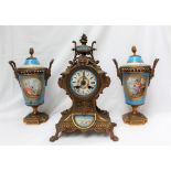 A 19th century French gilt spelter and Sevres style porcelain clock garniture,