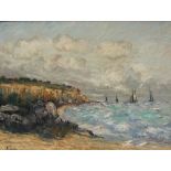Bernard Cowez A seascape with a cliff and yachts in the distance Oil on canvas Signed 53 x