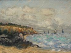 Bernard Cowez A seascape with a cliff and yachts in the distance Oil on canvas Signed 53 x