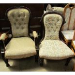 An Edwardian upholstered gentleman's chair with a carved fan back on turned legs together with a