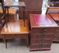 A reproduction mahogany filing cabinet together with a modern coffee table and an occasional table