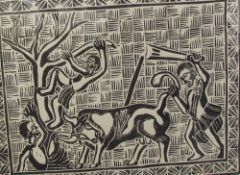 20th century African School Hunting in Cameroon A print Signed and dated 1972 Together with three