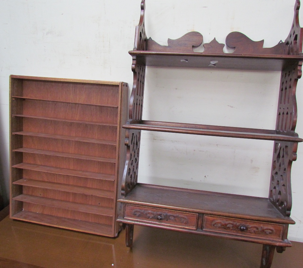 A Victorian style hanging shelves with two drawers together with another hanging shelf