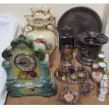 A pottery clock together with a pair of vases, other vases,