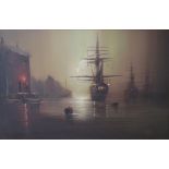 Hilton A harbour scene Oil on canvas Signed Together with another oil painting of ships at sea